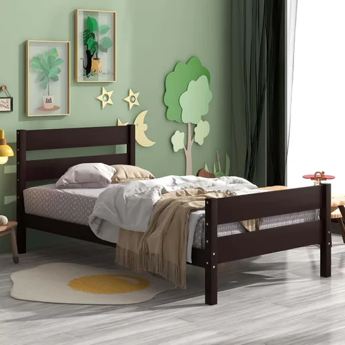 Miniatura 3 de Base de cama de plataforma de madera de tamaño individual con cabecera y estribo de estilo moderno, marco de cama de madera con patas de soporte
