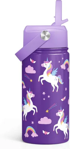 Miniatura 24 de SANDJEST Botella de Agua para Niños con Tapa de Pajita - 12 Oz Botella de Acero Inoxidable Aislada con Dibujo de Animales para Niños y Niñas - Taza