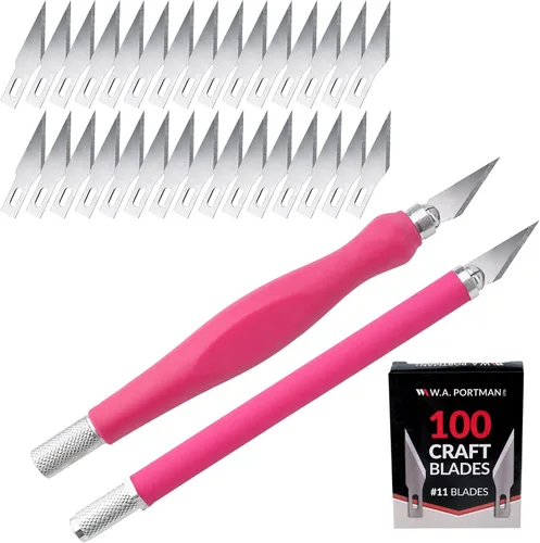 WA Portman - Juego de 2 cuchillos rosados para manualidades, afilados y duraderos, con agarre cómodo y cuchillas de manualidades 100#11 para cortes