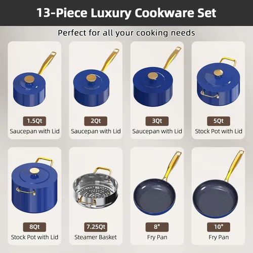Miniatura 7 de Nuwave Lux LE - Juego de utensilios de cocina de 13 piezas con elegante mango dorado, cerámica antiadherente con infusión de diamante, sin PFAS