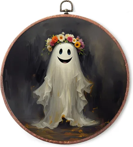 HIWGGSP Decoración de pared redonda vintage de Halloween de 10 pulgadas, fantasma con corona, estilo pintura al óleo, ideas para decoración de