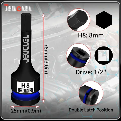 Miniatura 6 de Enchufe hexagonal de broca de impacto de 8 mm, llave de impacto hexagonal de 1/2 pulgada H8, adaptador de destornillador hexagonal de acero Cr-Mo