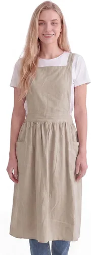 Miniatura 11 de Delantal de lino de algodón con espalda cruzada, delantal vintage para mujer, con 2 bolsillos para cocinar, pintura, jardinería Beige