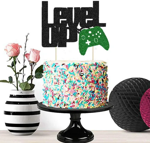 Miniatura 2 de Level Up - Decoración para tartas con purpurina negra y verde para fiesta de videojuegos, controlador de videojuegos, fanáticos de juegos, temática