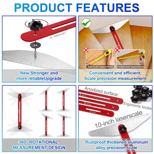 Miniatura 3 de Herramienta de plantilla para peldaños de escalera, plantilla de precisión para escaleras y peldaños - Guía de escalera de aluminio duradera, Rojo