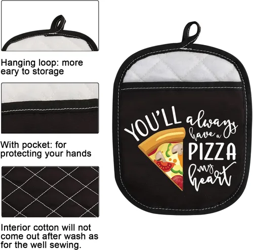 Miniatura 3 de Almohadillas para horno con temática de pizza, con bolsillo para amantes de la pizza, con bolsillo con texto en inglés "You Always Have A Pizza My