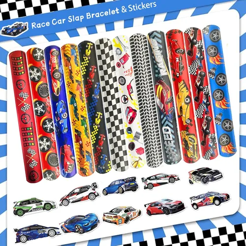 Miniatura 5 de CZWXOXO 74 piezas de artículos para fiesta temática de carreras, 24 piezas de pulseras slap, 50 piezas de calcomanías, decoraciones para fiesta