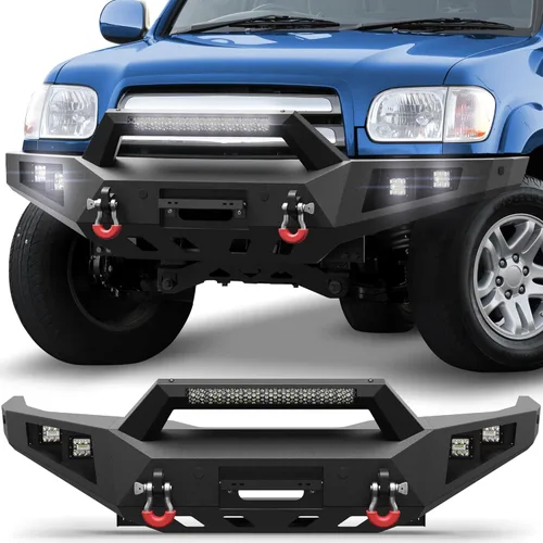 Miniatura 8 de Parachoques delantero Tundra para Tundra 2014-2021, parachoques de acero inoxidable texturizado negro con placa de grúa, barra de luz larga de 144W