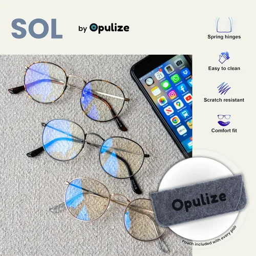 Miniatura 4 de OPULIZE SOL - Gafas de lectura con bloqueo de luz azul para mujeres y hombres, marco redondo de metal, bisagras de resorte, anteojos