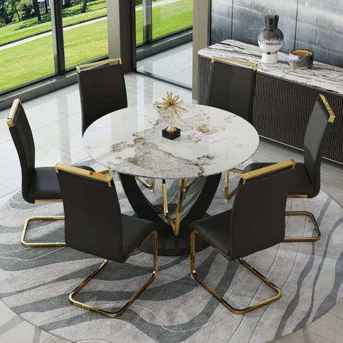 Miniatura 50 de JUFU Juego de mesa de comedor redonda para 4, mesa de comedor de 48 pulgadas con mesa de mármol sintético y 4 sillas tapizadas, moderno juego