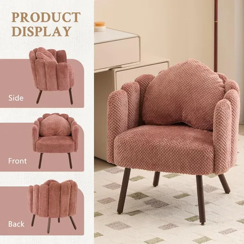 Miniatura 4 de Furniliving Silla de tocador de terciopelo rosa, silla decorativa con patas y almohada de madera, silla de lectura de pétalos para dormitorio, sala