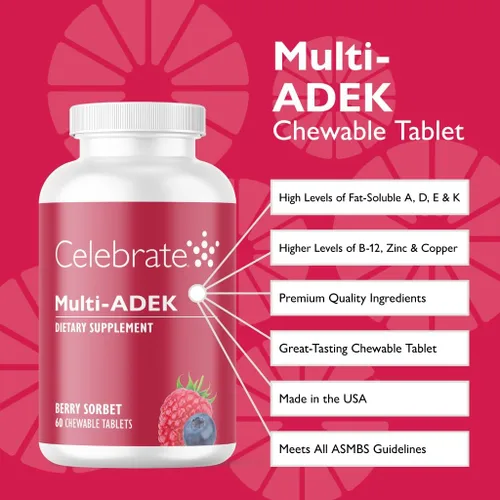 Miniatura 2 de Celebrate Vitamins Multi ADEK masticables sin hierro, multivitamínico bariátrico diario, alto nivel de vitaminas A, D, E, K y B12 para pacientes