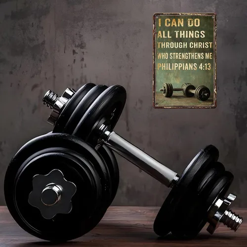 Miniatura 4 de Cartel de metal para gimnasio de estaño Puedo hacer todas las cosas a través de Cristo Cartel motivacional retro para gimnasio Para Gimnasio 6