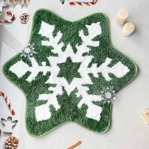 YRXRUS Alfombra de baño de copos de nieve, decoraciones navideñas, tapete con forma de nieve verde y blanca, sala de estar, dormitorio, cocina,