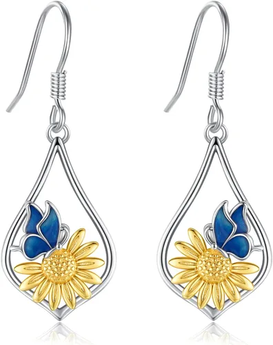 Aretes colgantes de plata de ley con diseño de árbol de la vida, flor, abeja, animales, gato, colibrí, piedra lunar, turquesa, aretes con cierre de