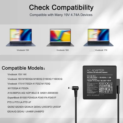 Miniatura 4 de Cargador para portátil de 90 W compatible con Asus Vivobook 15X 14X 16X 17X K1703Z M1703Q M1603Q D1603Q Y1603C ExpertBook B1500 P2451F P751J Asus