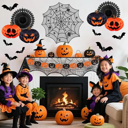 Miniatura 4 de Kit de decoración de fiesta de Halloween para interiores con bolas de papel de panal y abanicos, bufanda de mantel de chimenea, camino de mesa