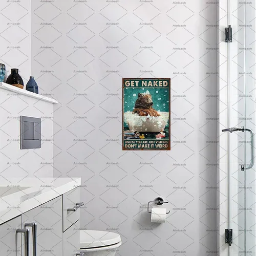 Miniatura 5 de Cartel retro de metal con diseño de oso de baño, póster de metal con oso divertido, arte de pared para baño, decoración para colgar en el baño