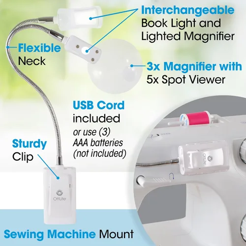 Miniatura 2 de OttLite Luz LED 2 en 1 para máquina de coser, lámpara de clip, lámpara de máquina de coser, lupa iluminada de grado óptico 3X, visor de puntos 5X