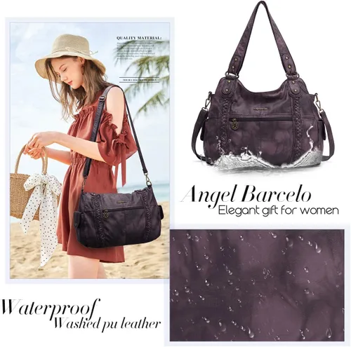 Miniatura 78 de Angel Barcelo - Bolsa de hombro amplia para mujer, diseño Hobo, cuero lavado