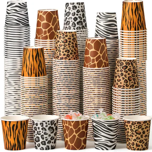 Rtteri 300 tazas de papel para fiesta de animales de safari de la selva a granel, leopardo, guepardo, tigre, cebra, jirafa, tazas desechables de
