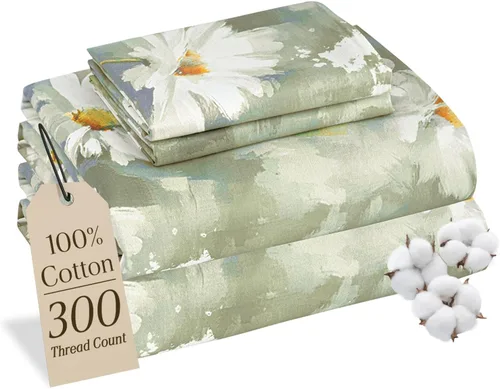 Miniatura 12 de MCO Juego de sábanas de 100% algodón de 300 hilos, tamaño Queen, bolsillo profundo de 16 pulgadas, sábanas refrescantes transpirables de 4 piezas