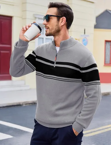 Miniatura 45 de MAGCOMSEN Suéteres de algodón con cremallera de 1/4 para hombre, suéter tipo polo, a rayas, para otoño e invierno, sudaderas cálidas