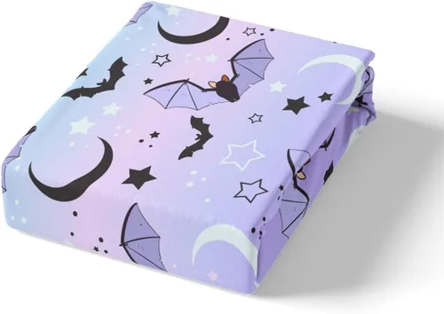 Miniatura 5 de Manfei Juego de sábanas de Feliz Halloween, tamaño individual, juego de ropa de cama de murciélagos morados y estrellas para decoración
