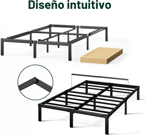 Miniatura 6 de Zinus Elias - Marco de cama de plataforma metálica de 14 pulgadas, soporte de acero, no necesita somier, fácil montaje, tamaño Queen Negro