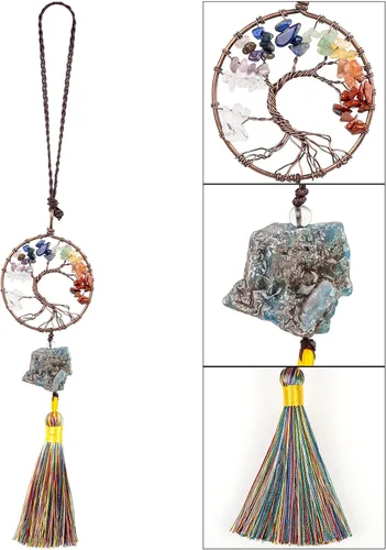 Miniatura 3 de rockcloud Adorno colgante de árbol de la vida de 7 chakras con borla de piedra cruda irregular para pared, coche, hogar, boda, boda, apatita azul