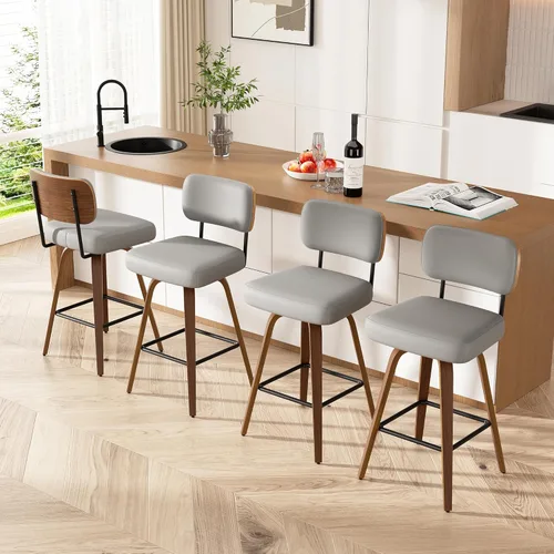 Miniatura 31 de Juego de 1 taburete de bar giratorio, taburetes de bar tapizados de 26" de altura para encimera con respaldo de nogal y patas de madera curvada