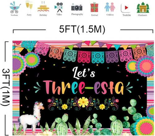 Miniatura 5 de Lofaris Telón de fondo mexicano para tercer cumpleaños, fiesta de tercer cumpleaños, decoración de fiesta de cumpleaños para niñas, fondo
