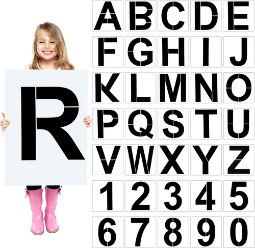 SATINIOR 36 plantillas de letras grandes, plantillas reutilizables del alfabeto, plantillas de números, manualidades para pared de madera, tela,