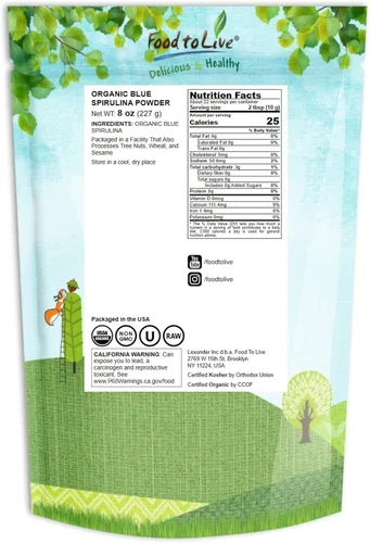 Miniatura 2 de Polvo de espirulina azul orgánico, 8 onzas, sin OMG, extracto de algas azul verdoso puro crudo, vegano, no irradiado, ideal para jugos, licuados