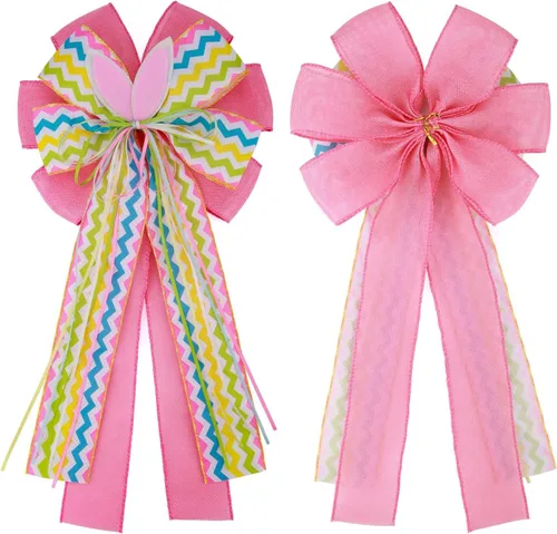 Miniatura 3 de Meseey 2 lazos grandes de arpillera de Pascua de 20 x 10 pulgadas, coronas de conejo de primavera para envolver regalos, decoración del árbol