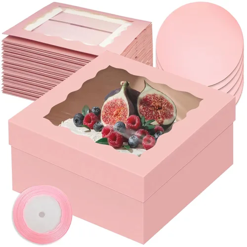 Miniatura 7 de qiqee 10x10x5 Caja para pasteles, 18 juegos de cajas para pasteles negras con ventana y 18 juegos de bases redondas negras de 10 pulgadas