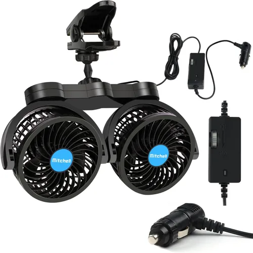 Alagoo - Ventilador de auto de 12 V, ventilador de clip ajustable de 4 pulgadas con doble cabezal para asiento delantero/trasero del pasajero,