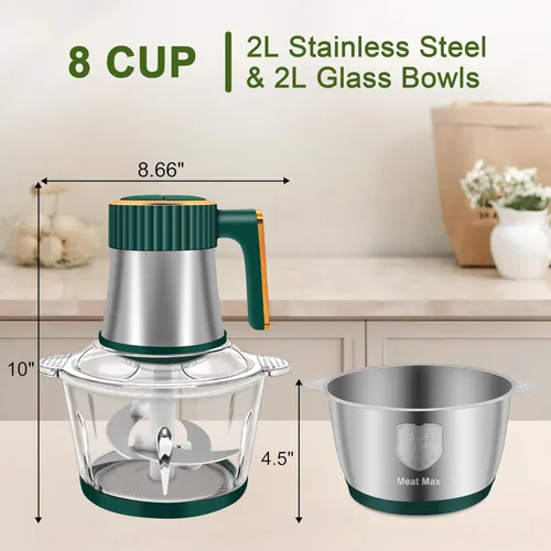 Miniatura 4 de Procesador de alimentos, picadora eléctrica de alimentos de 5 velocidades, picadora de carne con 2 cuencos (8 tazas + 8 tazas) y 2
