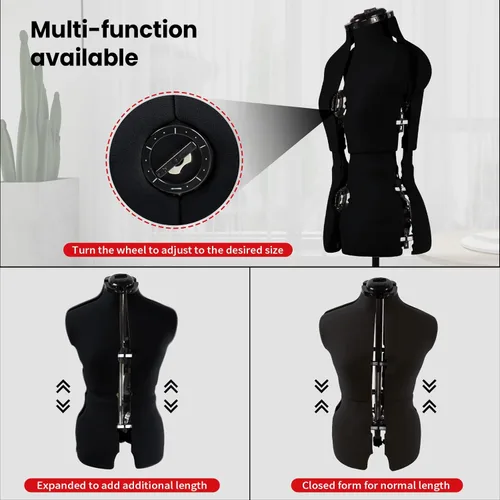 Miniatura 3 de maniquí de vestido negro ajustable para costura, forma de cuerpo femenino, tallas 6-14, con 13 diales y ruedas desmontables, rango de altura
