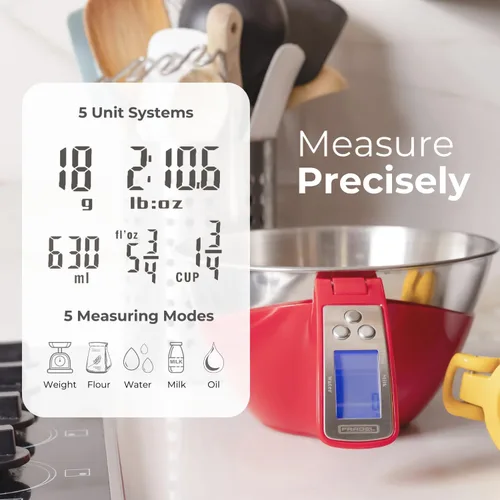 Miniatura 3 de Fradel Báscula digital de cocina con cuenco (extraíble) y taza medidora, acero inoxidable, luz de fondo, capacidad de 11 libras, para cocinar, Rojo