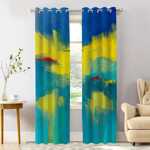 Miniatura 110 de Shrahala Beige and Orange Abstract Art Brushstrokes Blackout Curtain Tiers, Abstract Oil Paint Kitchen Valance Light Blocking Tier Drapes with Rod