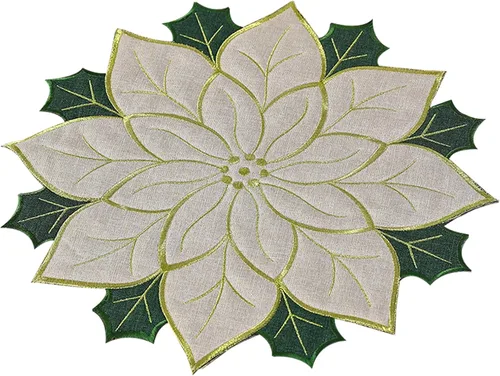 Miniatura 10 de Juego de manteles individuales de Navidad de 16 pulgadas, manteles individuales de flor de pascua con bordados y hojas verdes, manteles individuales