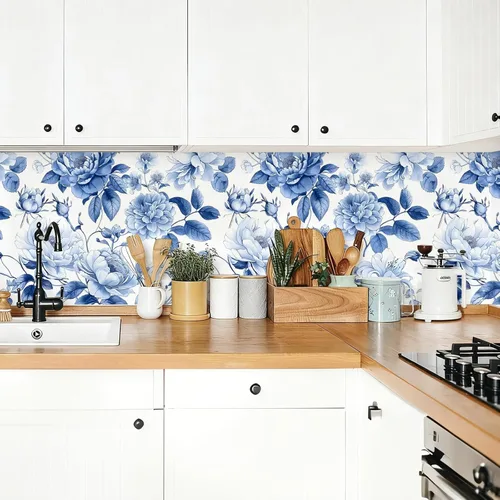 Miniatura 2 de Papel tapiz azul vintage elegante floral autoadhesivo para despegar y pegar, papel de contacto con hojas de peonía botánicas de acuarela blanca