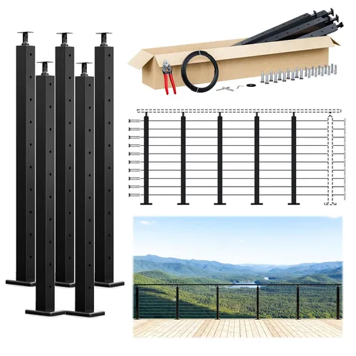 Miniatura 9 de Muzata Paquete de 4 postes de barandilla de cable negro de 36 pulgadas, 36 x 2 x 2 pulgadas, montaje en superficie perforada de nivel T304, kit