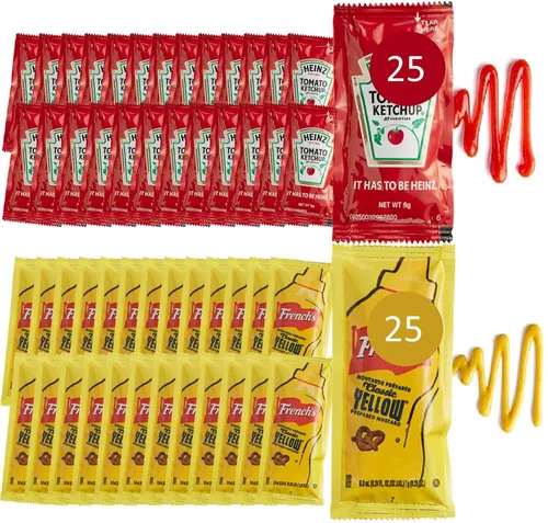 25 paquetes de salsa de tomate (0.23 onzas) y 25 paquetes de mostaza (0.27 onzas), 50 paquetes de condimentos en total (aproximadamente 25 paquetes