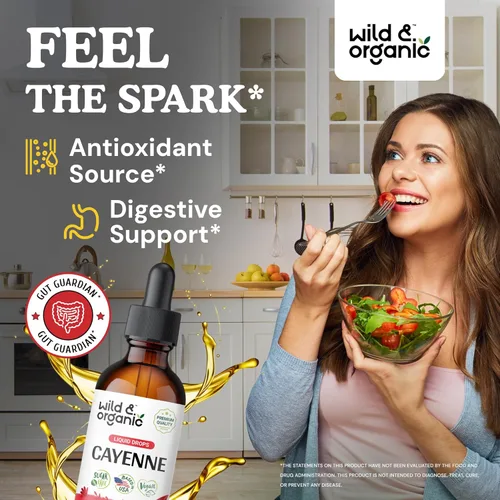 Miniatura 2 de Wild & Organic Gotas de extracto de pimienta de cayena - Antioxidante y apoyo digestivo - Suplementos líquidos de capsaicina para una absorción