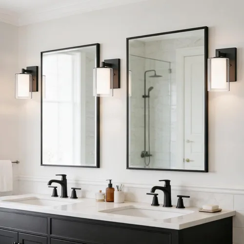 Miniatura 7 de Kalium Juego de apliques de pared de dos piezas, luces de tocador modernas con pantalla de vidrio transparente doble en negro mate para interiores