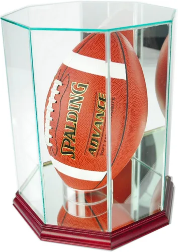 Miniatura 2 de Vitrina vertical de fútbol octágono con moldeado de madera real y vidrio protegido contra los rayos UV (cereza)
