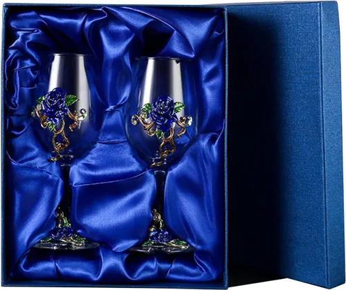 jessie Copa de vino pintada a mano con flores esmaltadas, copa de vino de ginebra para cumpleaños, Día de la Madre, regalos (2 azules + caja de azul
