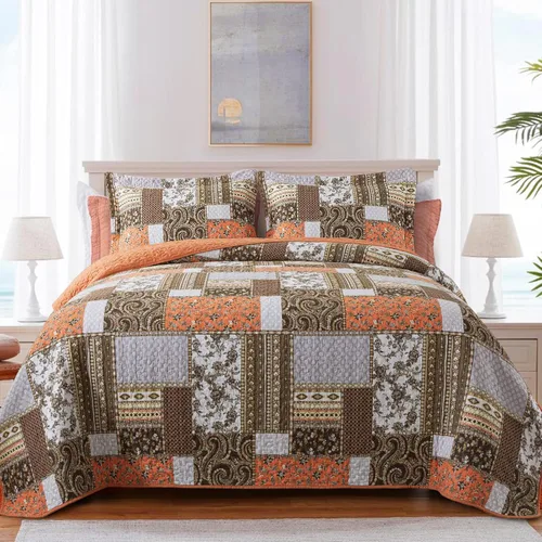 Miniatura 22 de BEDIFANY Juego de edredón de algodón tamaño King – Colcha ligera bohemia King – Juego de ropa de cama reversible naranja colorido – Juego de edredón